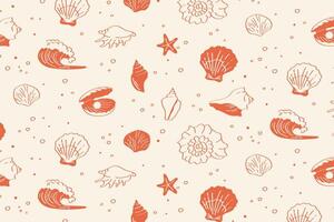 marine pattern with seashells, flowers, waves and starfish in coral red hand-drawn beach repeat on light background. vector