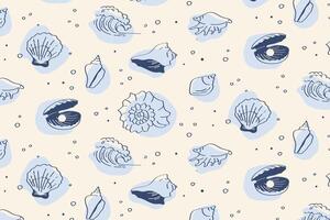ocean pattern with blue seashells, conchs, coral flowers and waves marine-inspired repeat design for fabric, packaging, and summer themes. vector