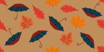 Autumn seamless pattern with various leaves and an umbrella on a light background vector