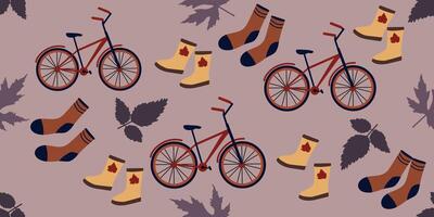 Autumn seamless pattern with leaves, socks, bicycle and rubber boots on a light background vector