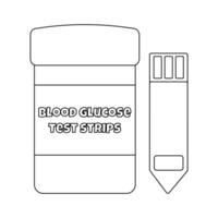 Coloring page with outline drawing of a container labeled - blood glucose test strips - with one test strip placed beside it. For entertaining kids activity, diabetes mellitus black and white design. vector