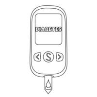 Coloring page with outline drawing of blood glucose meter, or closeup glucometer, with diabetes text and blood droplet on test strip. For entertaining kids, diabetes mellitus black and white design. vector