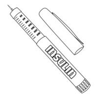 Coloring page with outline drawing of a mechanical insulin pen injector with visible needle, dosage markings, and detached cap. For entertaining kids activity, diabetes mellitus black and white design vector