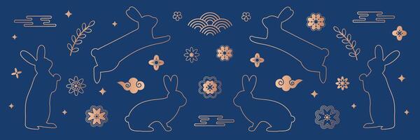 Chinese pattern with rabbits for Mid Autumn Festival in golden color on dark blue background. illustration. vector