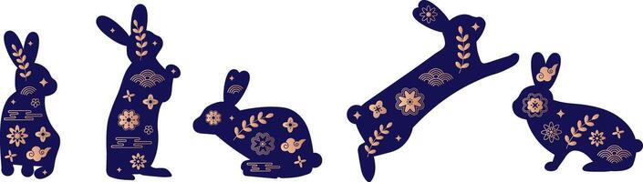 Set of isolated rabbits with chinese pattern for mid autumn festival. vector