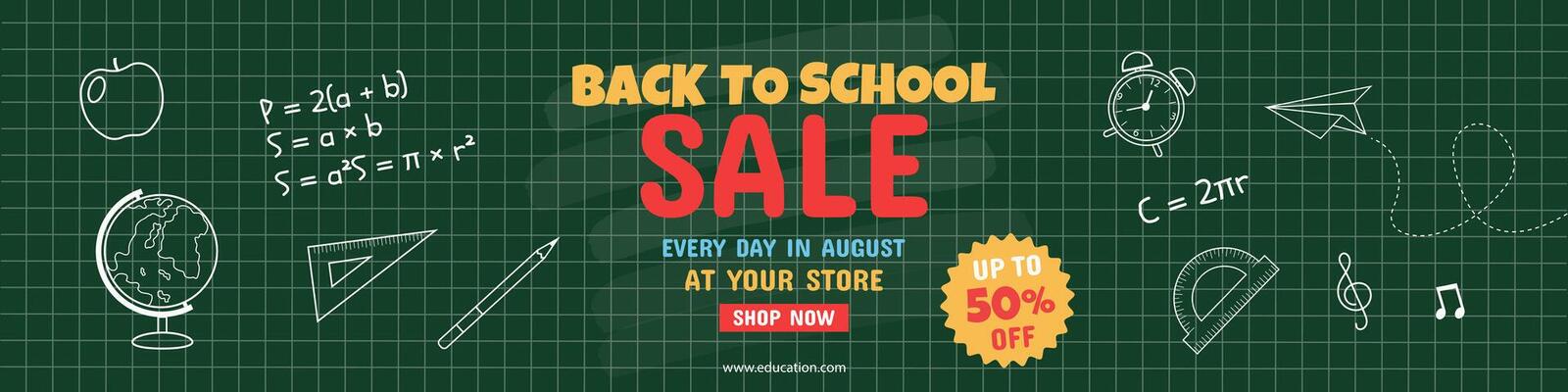 Back to school sale. Horizontal banner with dark background in the form of a school board and chalk drawn formulas and school supplies. illustration.