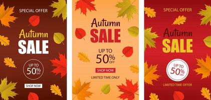Set of posters, banners of autumn sale. illustration with autumn leaves. Templates for advertising, web, social networks vector