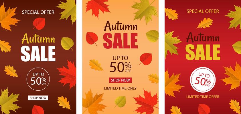 Set of posters, banners of autumn sale. illustration with autumn leaves. Templates for advertising, web, social networks