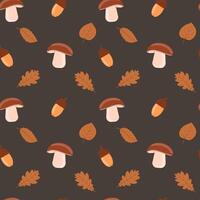 Seamless repeating autumn pattern with acorns, leaves and mushrooms for fabric, wallpaper, printed products, packaging. illustration. vector