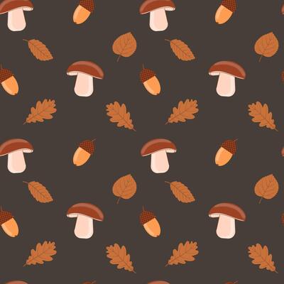 Seamless repeating autumn pattern with acorns, leaves and mushrooms for fabric, wallpaper, printed products, packaging. illustration.