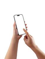 Two hands interacting with smartphone, blank screen mockup ideal for UI, UX previews, mobile app presentations, or responsive design visuals photo