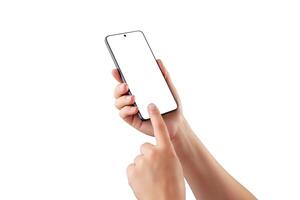 Hands using smartphone with blank screen, isolated on white, ideal for app mockups, UI previews, or interactive mobile interface design photo
