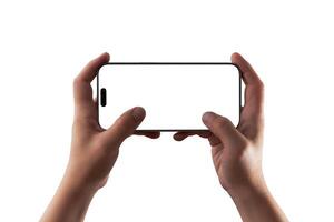Horizontal smartphone held with both hands, blank screen mockup great for , game UI previews, or landscape app presentations photo