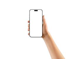 Hand holding modern smartphone with blank screen on white background. Perfect for app previews, UI mockups, and mobile product promotions photo