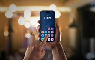 Modern smartphone app interface tapped in vibrant nightlife setting, showcasing intuitive user interaction with mobile UI. photo