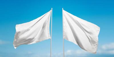 Two white flags waving on wind with clear sky background, representing peace, surrender or neutrality in modern visual storytelling photo