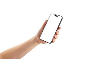Isolated smartphone in hand with blank display, suitable for showcasing responsive layouts, tech branding, or mobile application concepts photo