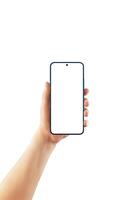 Female hand holding modern smartphone with centered camera and blank screen. Isolated on white background, perfect for app and UI mockups photo