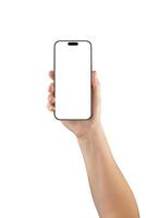 Female hand holding smartphone with blank screen, isolated on white background. Perfect for mobile UI, app previews, and product design photo