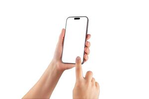Hand holding smartphone with blank screen isolated on white, ideal for mobile app mockups, UI presentations, or tech-related marketing visuals photo
