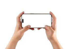 Horizontal phone mockup in hands on white background, ideal for app demonstrations, fullscreen content, or responsive layout designs photo