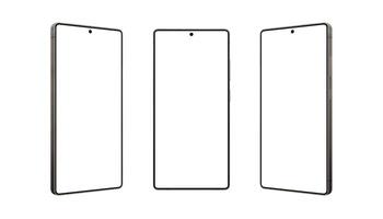 Three smartphones with silver frame and flat-edge design. Blank white screens ready for professional app mockups, UI showcases, or digital branding photo
