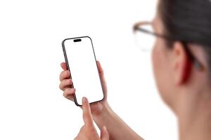 Woman using smartphone with blank screen, perfect for app interface mockups, user interaction concepts, or digital service promotion photo