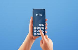 Blue screen smartphone interface with user tapping an icon, symbolizing app access and intuitive touch interaction photo
