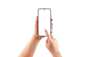 Isolated female hands holding and tapping smartphone with blank screen. Ideal for mobile app mockup, UX design, or UI preview photo