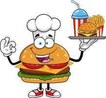 Happy Sandwich Chef Cartoon With Burger Fries Soda On Serving Tray vector