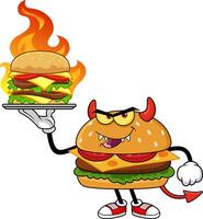 Devil Cheeseburger Character Holding Flaming Burger On Tray vector