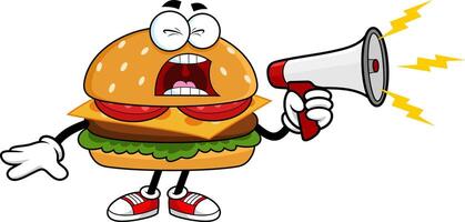 Cartoon Burger Mascot Screaming Loudly Into Red Megaphone vector