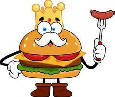 Cheeseburger Mascot With Crown Mustache And Grilled Sausage On Fork vector
