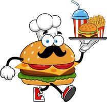 Cartoon Burger Chef With Mustache Running And Carrying Fast Food Tray vector