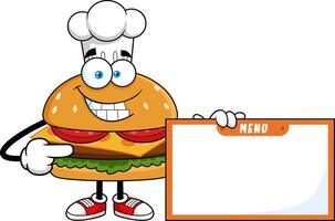 Smiling Cheeseburger Chef Character Pointing At Blank Menu Board vector