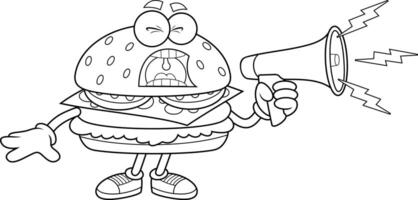 Black And White Angry Cheeseburger Character Yelling Into Megaphone vector