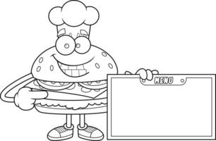 Black And White Cheeseburger Chef Character Holding Blank Menu Board vector