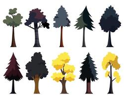 A whimsical collection of ten unique cartoon trees. These stylized illustrations feature diverse shapes, from deciduous to coniferous, and exhibit a playful color palette. vector