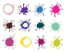 A vibrant arrangement of paint blots and ink stains displayed against a clean white backdrop, showcasing an array of hues and diverse shapes creating visual interest. vector