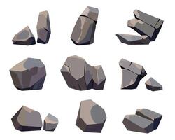 An assortment of cartoon-style gray rocks and stones are isolated on a white backdrop. The image provides rock and stone graphics for design and decoration projects. vector