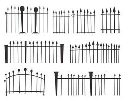 This image shows a collection of various wrought iron fence designs in black silhouette against a white background. The fences have a variety of styles and decorations. vector