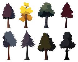A collection of stylized trees presents a variety of shapes and colors, suggesting a diverse forest landscape suitable for use in artistic or design projects. vector