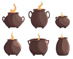 A diverse set of stylized cauldrons are shown, each different in shape and size, and filled with glowing flames, set against a stark white background. vector