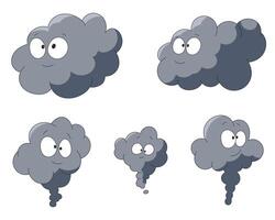 A collection of cartoon-style grey clouds with whimsical expressions featuring big eyes and small smiles, some with exhaust tails, against a white background. vector