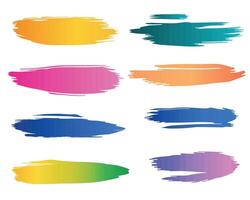 A set of eight brushstroke designs in various colors, showing smooth gradients, set against a clean, white backdrop. The strokes offer a dynamic and abstract aesthetic. vector