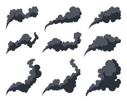 A collection of nine stylized dark gray smoke plumes rising on a clean white backdrop, creating a graphic illustrating pollution, fire, or industrial discharge. vector