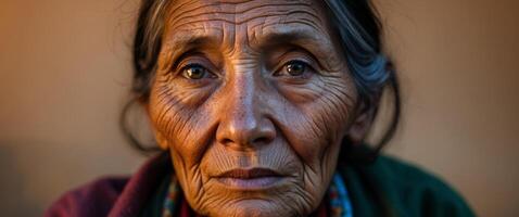 An old woman with wrinkles and a scarf on her head photo