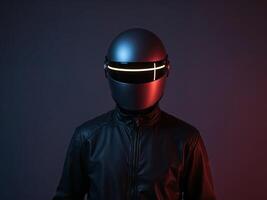 A man wearing a helmet with a glowing light photo