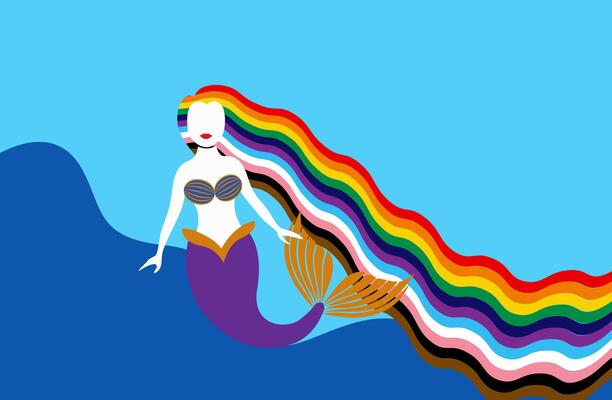 Pride month concept, mermaid with long rainbow hair, waves flag. Banner Pride symbol, LGBTQIA, sexual minorities, gays and lesbians. Background Love is love, colorful icon isolated, marine template