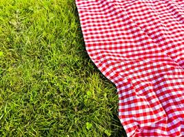 Checkered picnic blanket on green grass outdoors photo